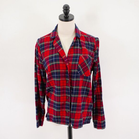 Old Navy Blue Red Green Plaid Flannel Collared Button Front Shirt Top Small Long - Picture 1 of 10